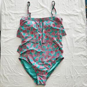 Caribbean Joe Teal Blue Pink Seashell Print Layered One Piece Swimsuit Womens 12